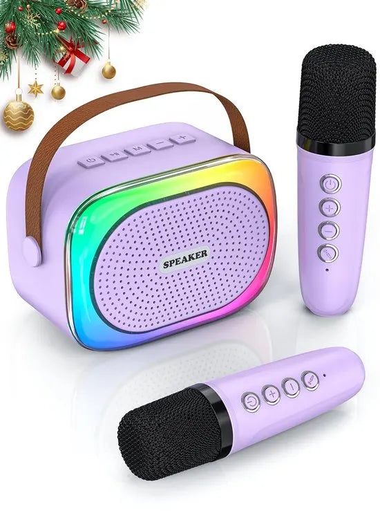 Karaoke set for kids - Portable Bluetooth speaker for car - Equipped with 2 karaoke microphones - Voice changer and LED lights - Ideal birthday gift for teenagers and children - Purple