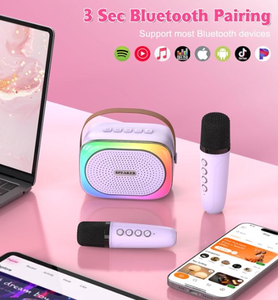 Karaoke set for kids - Portable Bluetooth speaker for car - Equipped with 2 karaoke microphones - Voice changer and LED lights - Ideal birthday gift for teenagers and children - Purple - Image 2