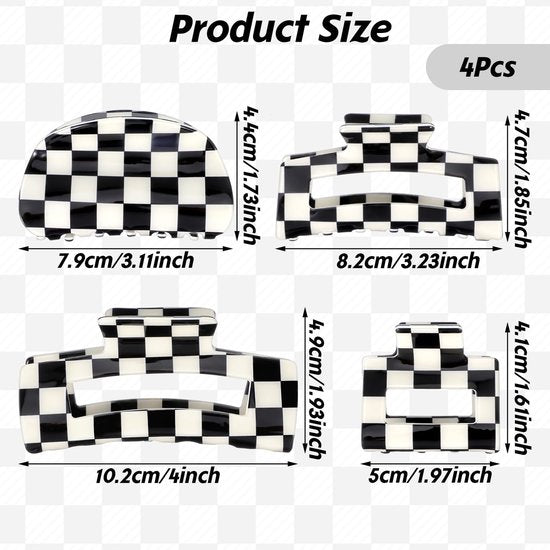 Checkered Claw Clips - Thick Hair - Fine Hair - Curly Hair - Straight Hair - Long Hair Non-Slip Clips - Simple Style Black and White Square Claw Clips - Set of 4 Hair Accessories for Women - Image 2