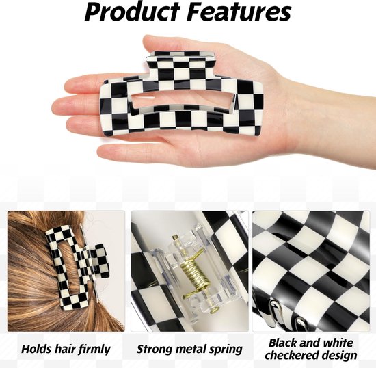 Checkered Claw Clips - Thick Hair - Fine Hair - Curly Hair - Straight Hair - Long Hair Non-Slip Clips - Simple Style Black and White Square Claw Clips - Set of 4 Hair Accessories for Women - Image 6