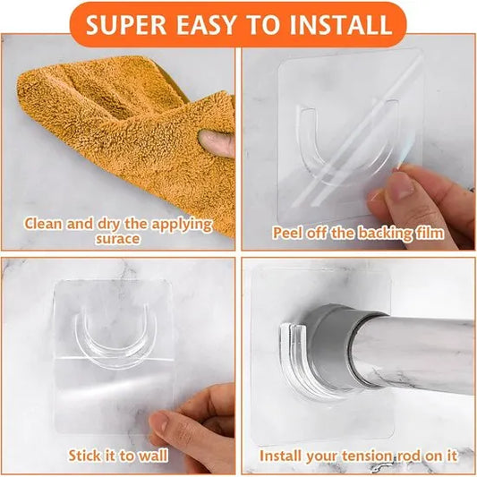 Shower rod bracket - Curtain bracket - Self-adhesive rod mounting without drilling - Transparent rod hook - Mounting stickers (8 pieces)