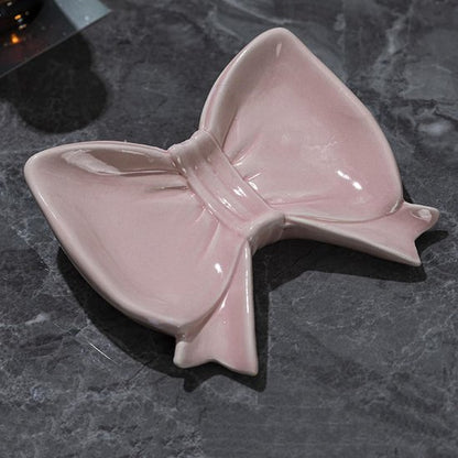 Bow Soap Dish - Ceramic Soap Organizer with Pink Bow - Bathroom Decor, Sponge Holder for Sink, Jewelry Storage Box, Bathroom Countertop Accessories (Pink)