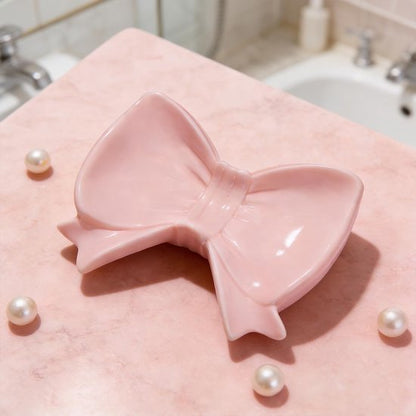Bow Soap Dish - Ceramic Soap Organizer with Pink Bow - Bathroom Decor, Sponge Holder for Sink, Jewelry Storage Box, Bathroom Countertop Accessories (Pink) - Image 2