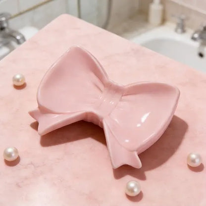 Bow Soap Dish - Ceramic Soap Organizer with Pink Bow - Bathroom Decor, Sponge Holder for Sink, Jewelry Storage Box, Bathroom Countertop Accessories (Pink) - Image 2
