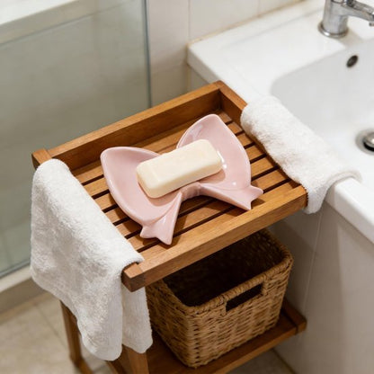 Bow Soap Dish - Ceramic Soap Organizer with Pink Bow - Bathroom Decor, Sponge Holder for Sink, Jewelry Storage Box, Bathroom Countertop Accessories (Pink) - Image 4