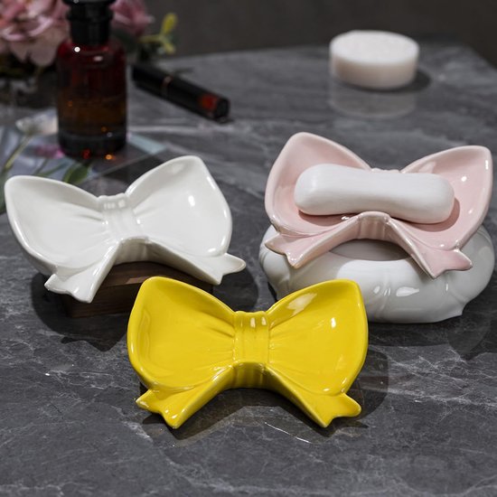 Bow Soap Dish - Ceramic Soap Organizer with Pink Bow - Bathroom Decor, Sponge Holder for Sink, Jewelry Storage Box, Bathroom Countertop Accessories (Pink) - Image 5