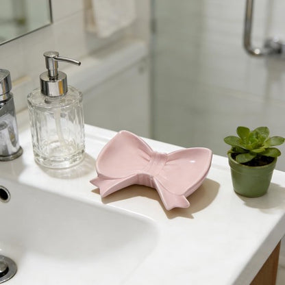 Bow Soap Dish - Ceramic Soap Organizer with Pink Bow - Bathroom Decor, Sponge Holder for Sink, Jewelry Storage Box, Bathroom Countertop Accessories (Pink) - Image 6