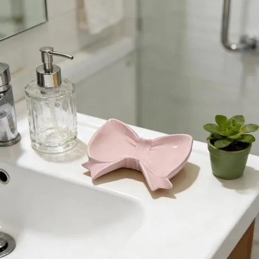 Bow Soap Dish - Ceramic Soap Organizer with Pink Bow - Bathroom Decor, Sponge Holder for Sink, Jewelry Storage Box, Bathroom Countertop Accessories (Pink) - Image 6