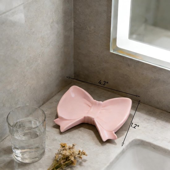 Bow Soap Dish - Ceramic Soap Organizer with Pink Bow - Bathroom Decor, Sponge Holder for Sink, Jewelry Storage Box, Bathroom Countertop Accessories (Pink) - Image 7