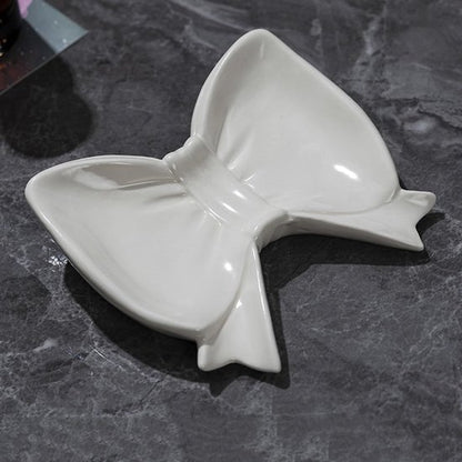 Bow Soap Dish - Ceramic Soap Organizer with Pink Bow - Bathroom Decor, Sponge Holder for Sink, Jewelry Storage Box, Bathroom Accessories for Countertop (White)