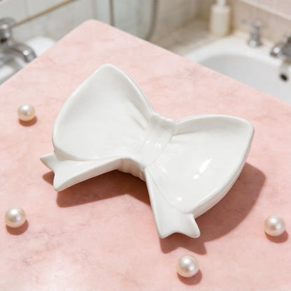 Bow Soap Dish - Ceramic Soap Organizer with Pink Bow - Bathroom Decor, Sponge Holder for Sink, Jewelry Storage Box, Bathroom Accessories for Countertop (White) - Image 2