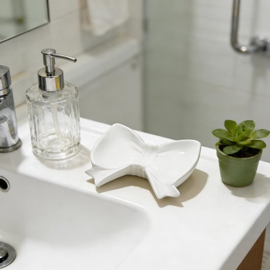 Bow Soap Dish - Ceramic Soap Organizer with Pink Bow - Bathroom Decor, Sponge Holder for Sink, Jewelry Storage Box, Bathroom Accessories for Countertop (White) - Image 5