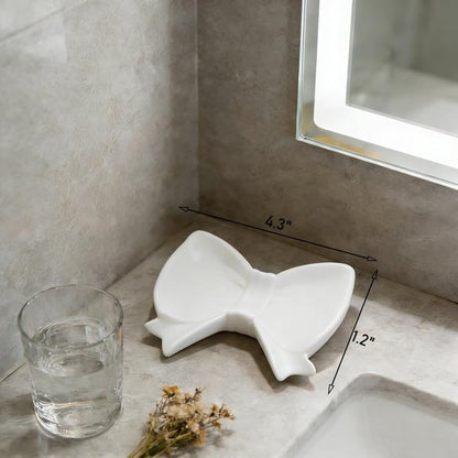 Bow Soap Dish - Ceramic Soap Organizer with Pink Bow - Bathroom Decor, Sponge Holder for Sink, Jewelry Storage Box, Bathroom Accessories for Countertop (White) - Image 6