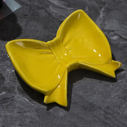 Bow Soap Dish - Ceramic Soap Organizer with Pink Bow - Bathroom Decor, Sponge Holder for Sink, Jewelry Storage Box, Bathroom Countertop Accessories (Yellow)