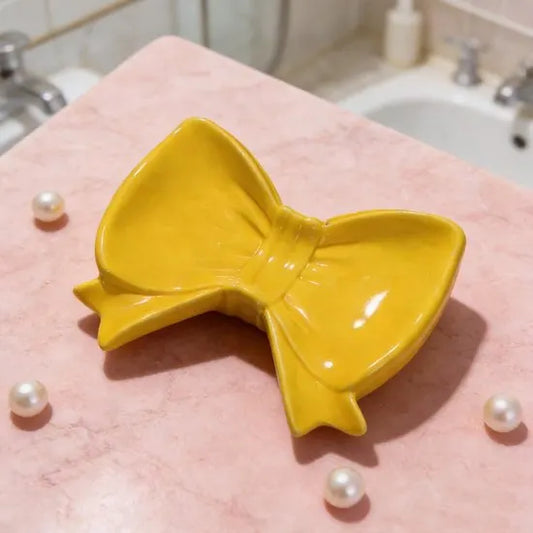 Bow Soap Dish - Ceramic Soap Organizer with Pink Bow - Bathroom Decor, Sponge Holder for Sink, Jewelry Storage Box, Bathroom Countertop Accessories (Yellow) - Image 2