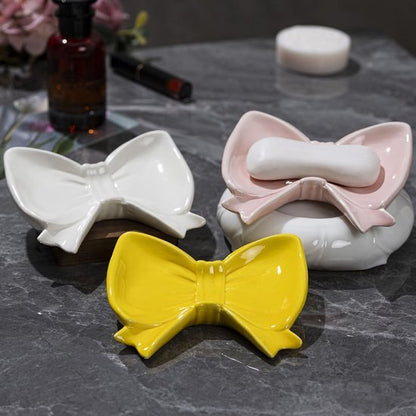 Bow Soap Dish - Ceramic Soap Organizer with Pink Bow - Bathroom Decor, Sponge Holder for Sink, Jewelry Storage Box, Bathroom Countertop Accessories (Yellow) - Image 4