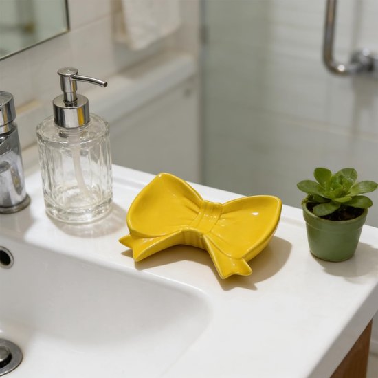 Bow Soap Dish - Ceramic Soap Organizer with Pink Bow - Bathroom Decor, Sponge Holder for Sink, Jewelry Storage Box, Bathroom Countertop Accessories (Yellow) - Image 5