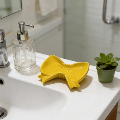Bow Soap Dish - Ceramic Soap Organizer with Pink Bow - Bathroom Decor, Sponge Holder for Sink, Jewelry Storage Box, Bathroom Countertop Accessories (Yellow) - Image 5