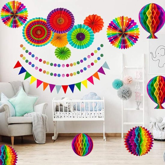 Rainbow Party Decoration Set - Complete with Paper Fans, Honeycomb Balls & Streamers - For Birthdays & Weddings - Image 3