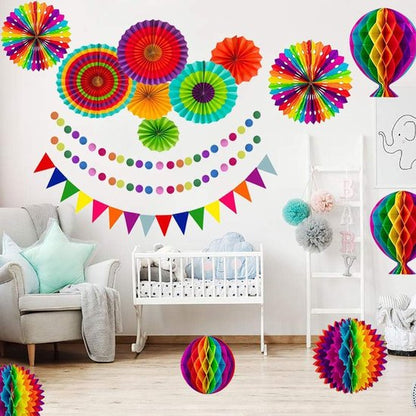 Rainbow Party Decoration Set - Complete with Paper Fans, Honeycomb Balls & Streamers - For Birthdays & Weddings - Image 3