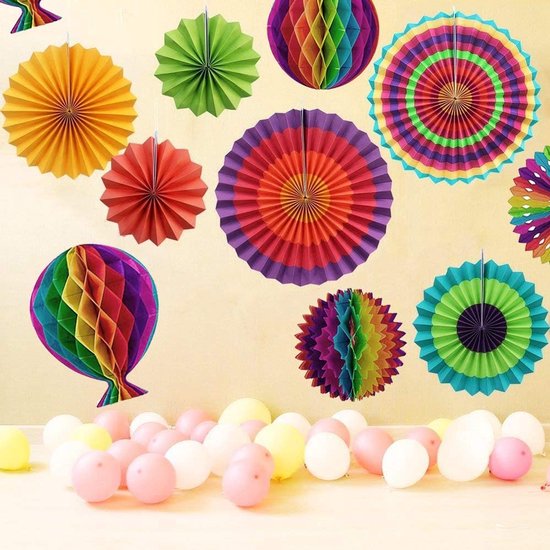 Rainbow Party Decoration Set - Complete with Paper Fans, Honeycomb Balls & Streamers - For Birthdays & Weddings - Image 4