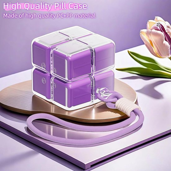 Medicine box - 7-day medicine box - Weekly pill box - Portable pill box for travel - Easy to open - 8 compartments - For storing vitamins and medicines - Purple - Image 4