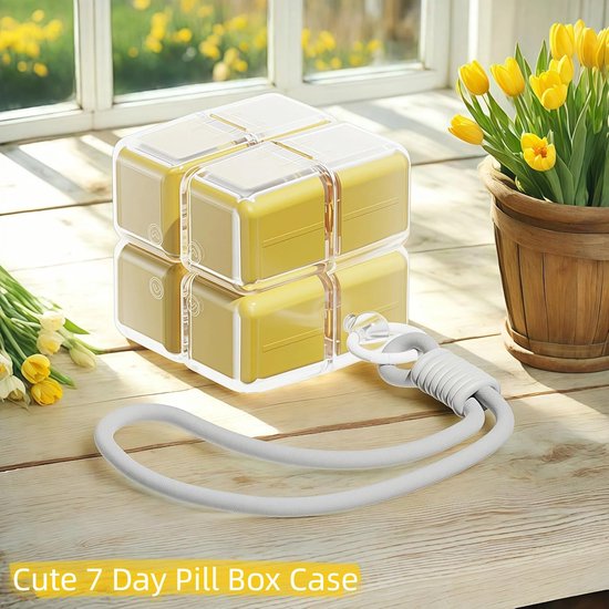 Medicine box - 7-day medicine box - Weekly pill box - Portable pill box for travel - Easy to open - 8 compartments - For storing vitamins and medicines - Yellow - Image 3
