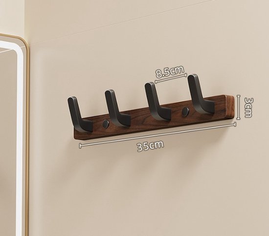 Coat rack - Wall coat rack - Coat rack with hooks - Storage rack - 35 × 3 cm - Wooden coat rack - Walnut - 4 hooks - Walnut wood color - Image 4