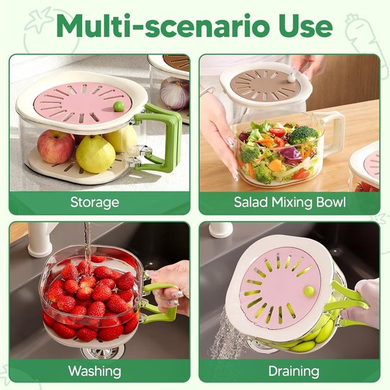 Multifunctional Fruit Washing Basket with Colander and Lid - 2-in-1 Drain Basket & Fruit Colander - Suitable for Kitchen, Refrigerator, Picnic and Camping - Pink - Image 3