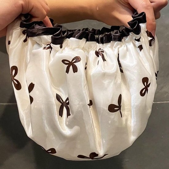 Double Layer Waterproof Shower Cap for Women & Girls – Reusable, Elastic & Comfortable with Print (White) - Image 2