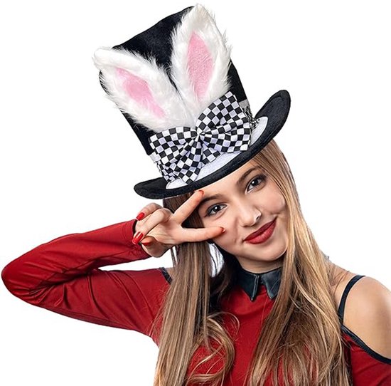 Easter Bunny Top Hat – White Rabbit & Black Plush Hat – Costume accessory for Easter, Halloween and theme parties - Image 3