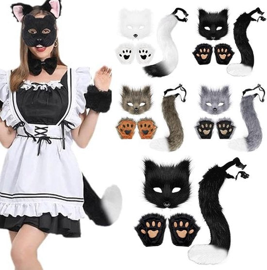3-Piece Fox Costume Accessory Set – Fluffy Mask, Tail and Gloves – Suitable for Parties & Carnival （Black） - Image 2