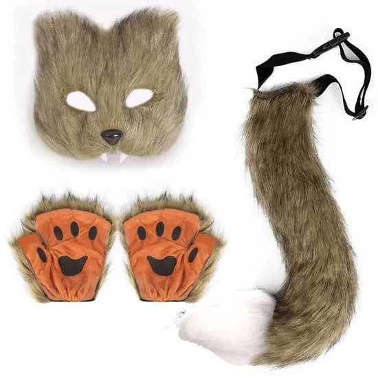 3-Piece Fox Costume Accessory Set – Fluffy Mask, Tail and Gloves – Suitable for Parties & Carnival （Brown）