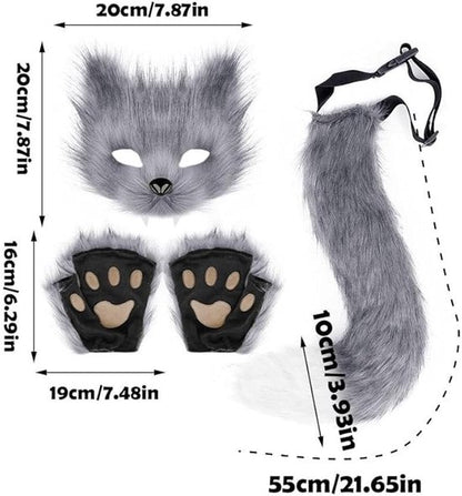 3-Piece Fox Costume Accessory Set – Fluffy Mask, Tail and Gloves – Suitable for Parties & Carnival （Grey） - Image 4