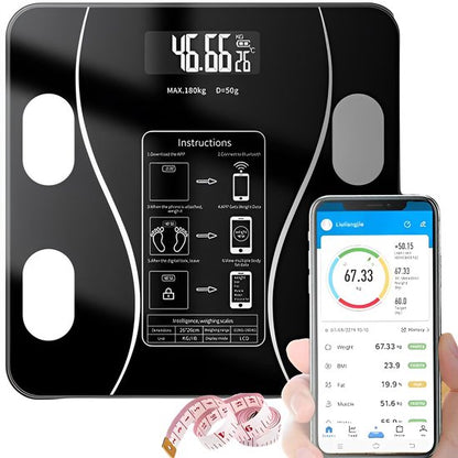 Smart Scale with Body Analysis - Measures BMI, Fat & Muscle Mass - USB Rechargeable - Up to 180 kg - Black - Image 2