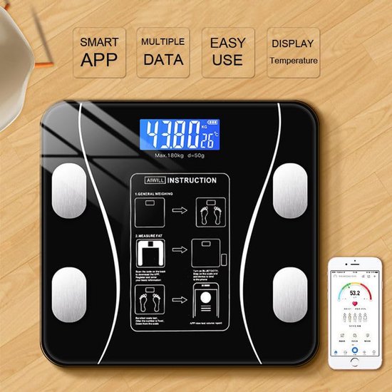 Smart Scale with Body Analysis - Measures BMI, Fat & Muscle Mass - USB Rechargeable - Up to 180 kg - Black - Image 7