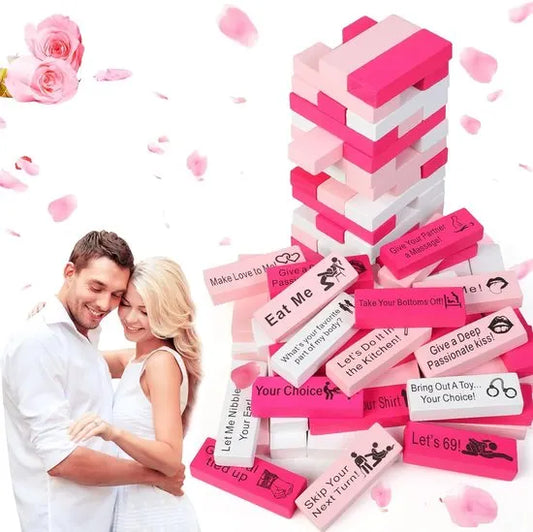 Block Tower Jenga Game - Jenga for Couples - Valentine's Day Tumbling Tower Jenga Game - Party Favor for an Adult Couples Night Out - Pink