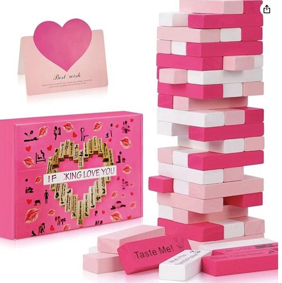 Block Tower Jenga Game - Jenga for Couples - Valentine's Day Tumbling Tower Jenga Game - Party Favor for an Adult Couples Night Out - Pink - Image 2