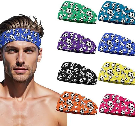 Football Themed Headband - Stretchy Printed Headband - Set of 8 - Sporty, Sweat-Wicking & Breathable - Wide-Brim Hair Accessory