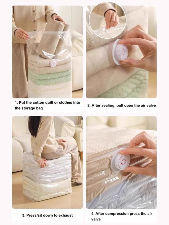 4-Piece Clothing Storage Bags - Compression Bags - Vacuum Bags for Sealing Blankets - Suitable for Travel Clothes - Reusable - Space-Saving - With Manual Press or Air Pump - Suitable for Clothes, Pillows, Duvets and Bed Linen - Image 6