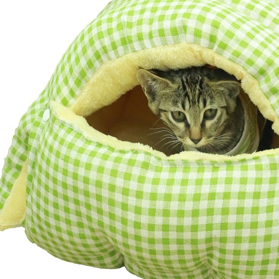 Cat house - Cat basket - Plush and warm - Removable and washable - Closed cat bed for winter - Suitable for indoor and outdoor use in winter, camping, traveling, in the bedroom, living room and apartment - Green and white checkered - Image 4