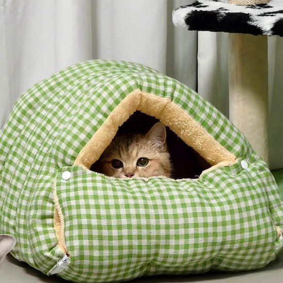 Cat house - Cat basket - Plush and warm - Removable and washable - Closed cat bed for winter - Suitable for indoor and outdoor use in winter, camping, traveling, in the bedroom, living room and apartment - Green and white checkered - Image 5