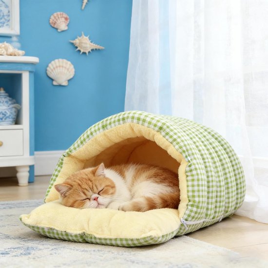 Cat house - Cat basket - Plush and warm - Removable and washable - Closed cat bed for winter - Suitable for indoor and outdoor use in winter, camping, traveling, in the bedroom, living room and apartment - Green and white checkered - Image 6