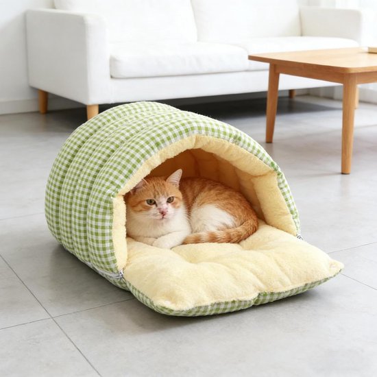 Cat house - Cat basket - Plush and warm - Removable and washable - Closed cat bed for winter - Suitable for indoor and outdoor use in winter, camping, traveling, in the bedroom, living room and apartment - Green and white checkered - Image 7