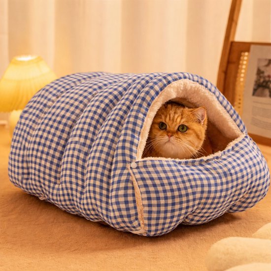 Cat House - Cat Basket - Plush and Warm - Removable and Washable - Closed Cat Bed for Winter - Suitable for Indoor and Outdoor Use in Winter, Camping, Travel, Bedroom, Living Room and Apartment - Blue and White Checkered Pattern - Image 6