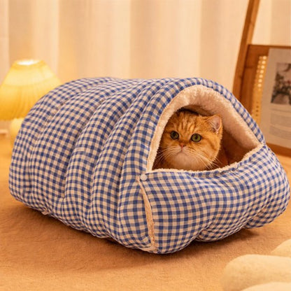 Cat House - Cat Basket - Plush and Warm - Removable and Washable - Closed Cat Bed for Winter - Suitable for Indoor and Outdoor Use in Winter, Camping, Travel, Bedroom, Living Room and Apartment - Blue and White Checkered Pattern - Image 6