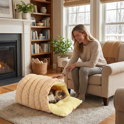 Cat House - Cat Basket - Plush and Warm - Removable and Washable - Closed Cat Bed for Winter - Suitable for Indoor and Outdoor Use in Winter, Camping, Travel, Bedroom, Living Room - Orange and White Checkered Pattern - Image 3