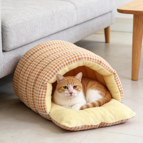 Cat House - Cat Basket - Plush and Warm - Removable and Washable - Closed Cat Bed for Winter - Suitable for Indoor and Outdoor Use in Winter, Camping, Travel, Bedroom, Living Room - Orange and White Checkered Pattern - Image 4