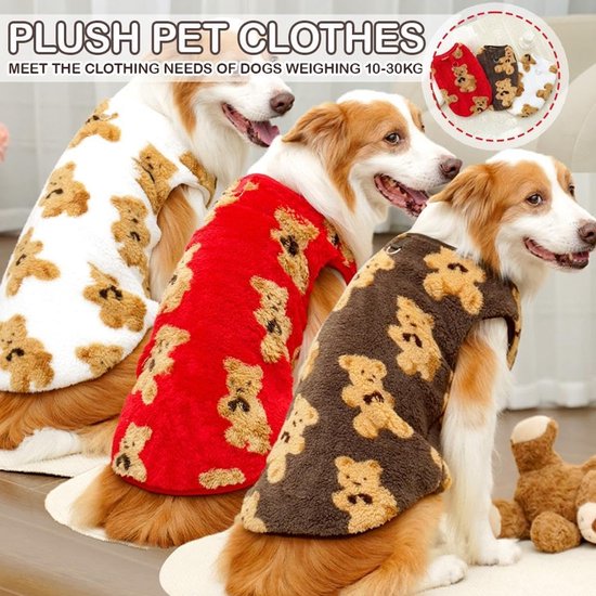 Dog Coat - Cute Bear Pattern - Plush Dog Vest - Winter Dog Coats - Dog Coat - Suitable for medium to large dogs weighing 20-25 kg - Red - Image 5