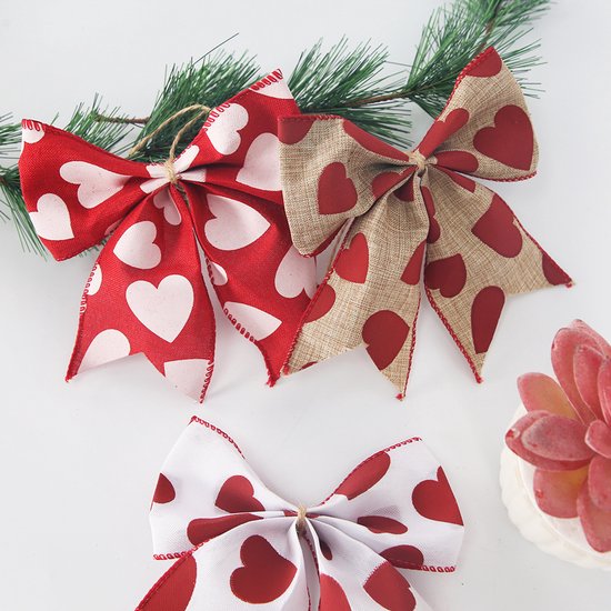 Valentine's Day Decorations - Heart Print Bows - Set of 3 - Wedding Gift Accessories - Handmade Linen Heart Bows - Image 5